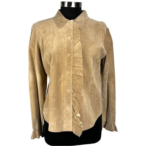 MARGARET GODFREY STYLE 8776 RUFFLE FRONT SUEDE LEATHER SNAP SHIRT JACKET SHACKET - Picture 4 of 16